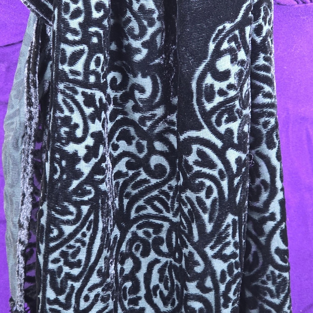 Talbots Black Silk Blend Burnout Velvet gothic whimsigoth Fringe Scarf Wrapey